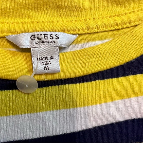 GUESS Los Angeles Mens Y2K Retro Embroidered Logo Tee Cotton Yellow Navy Striped - Picture 4 of 7